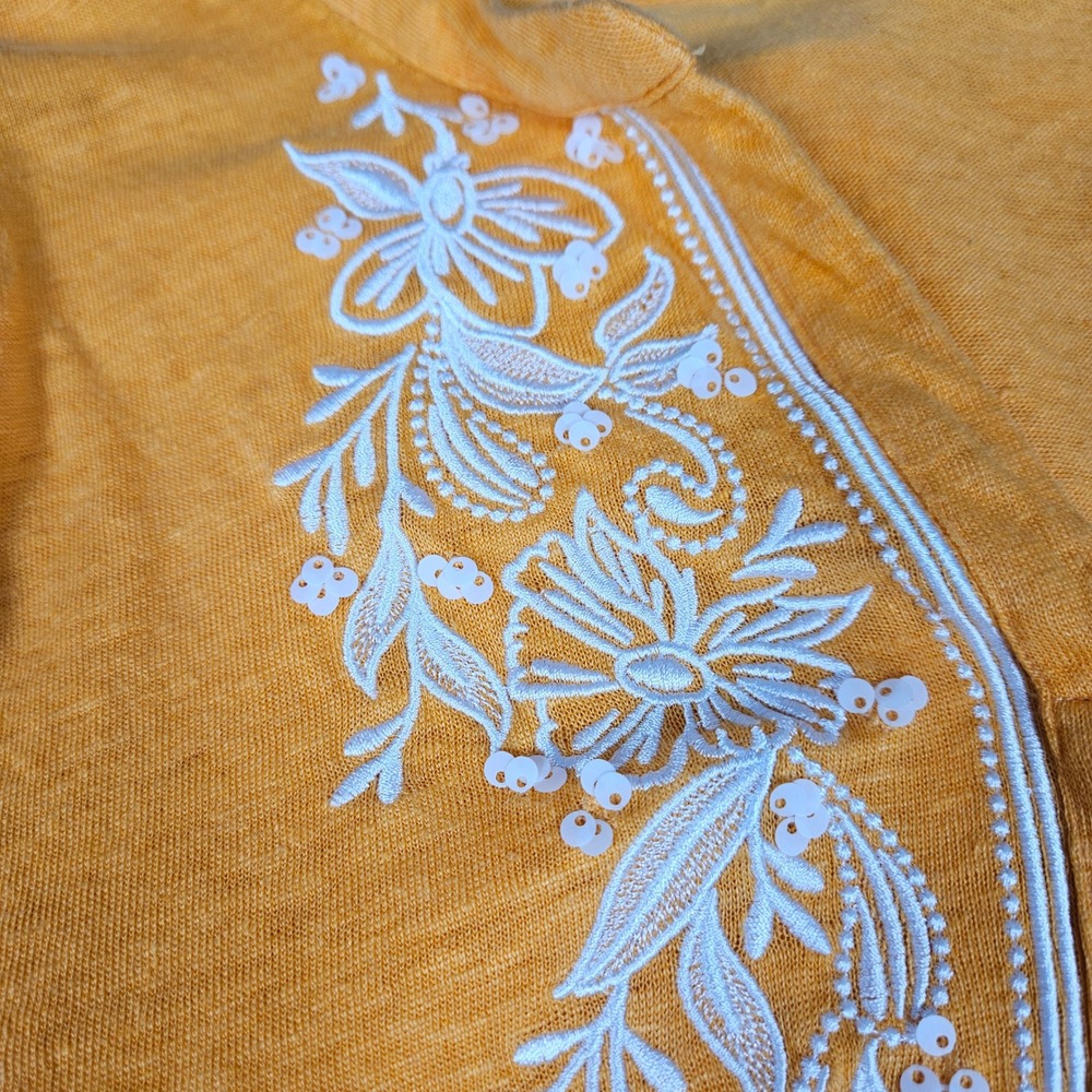 Chico's Women XL Linen Tunic Top Floral Embroidered Sequin 3/4 Sleeve Orange - Picture 5 of 10